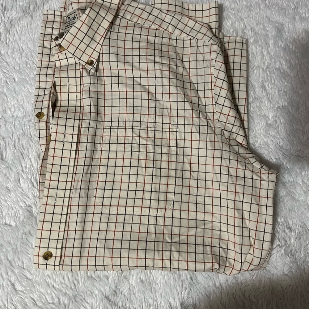 LL BEAN long sleeve cream brown and black Plaid Button-Up Shirt size XLT